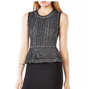 Chic BCBG Maxazria Black White Peplum Knit Jacquard Top Sleeveless SZ Small